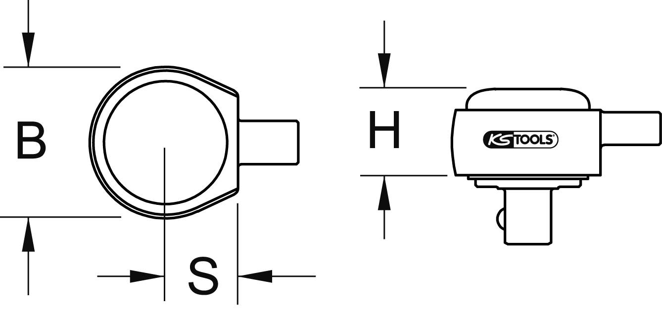 Dessin d'un embout de clé à douille avec indications dimensionnelles : B (largeur), S (profondeur), H (hauteur). Logo 'KS TOOLS' sur le côté.