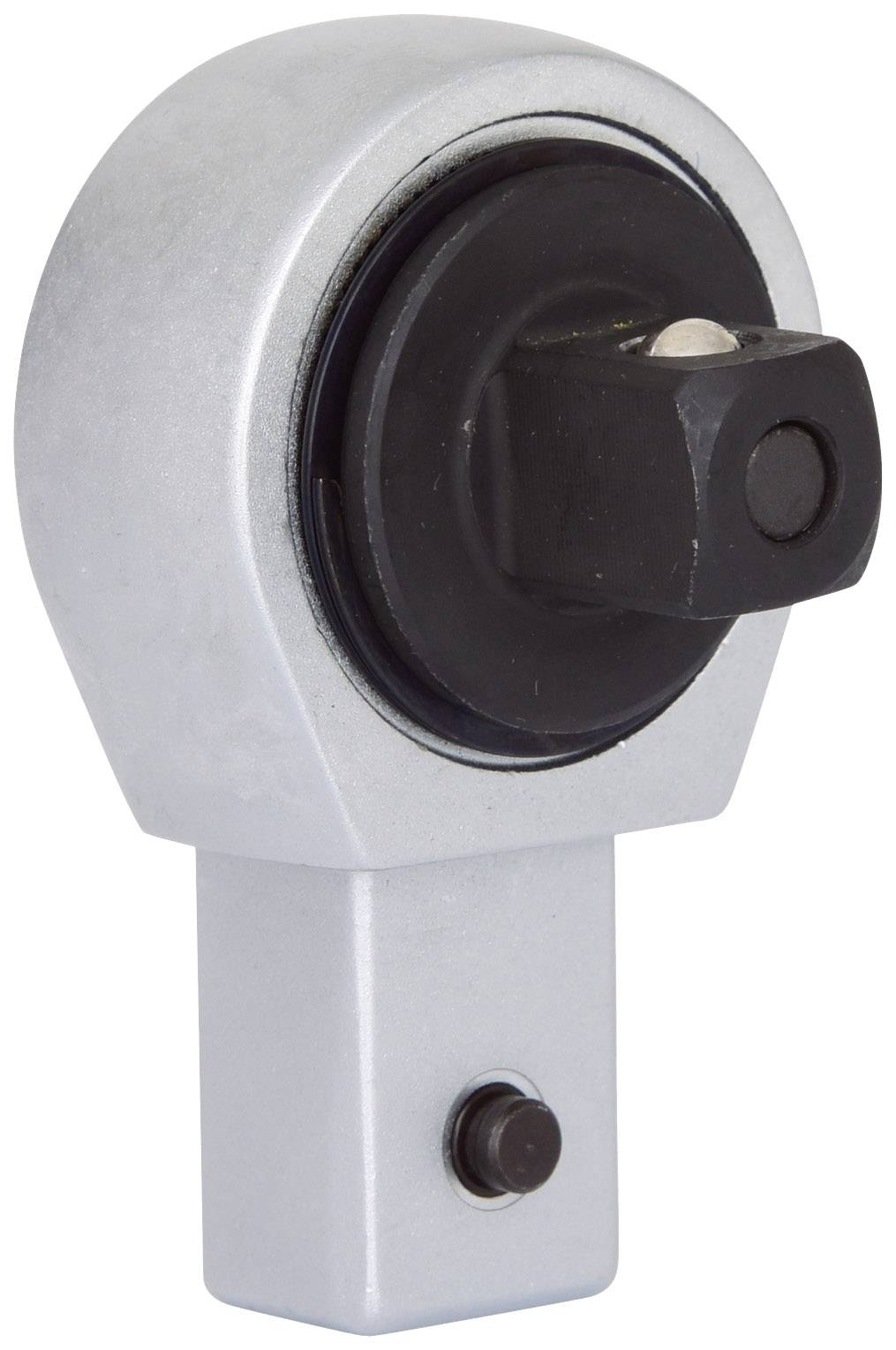 Mécanisme métallique de rotation avec poignée cylindrique et raccordement carré, probablement un composant d'un outil ou d'une machine.