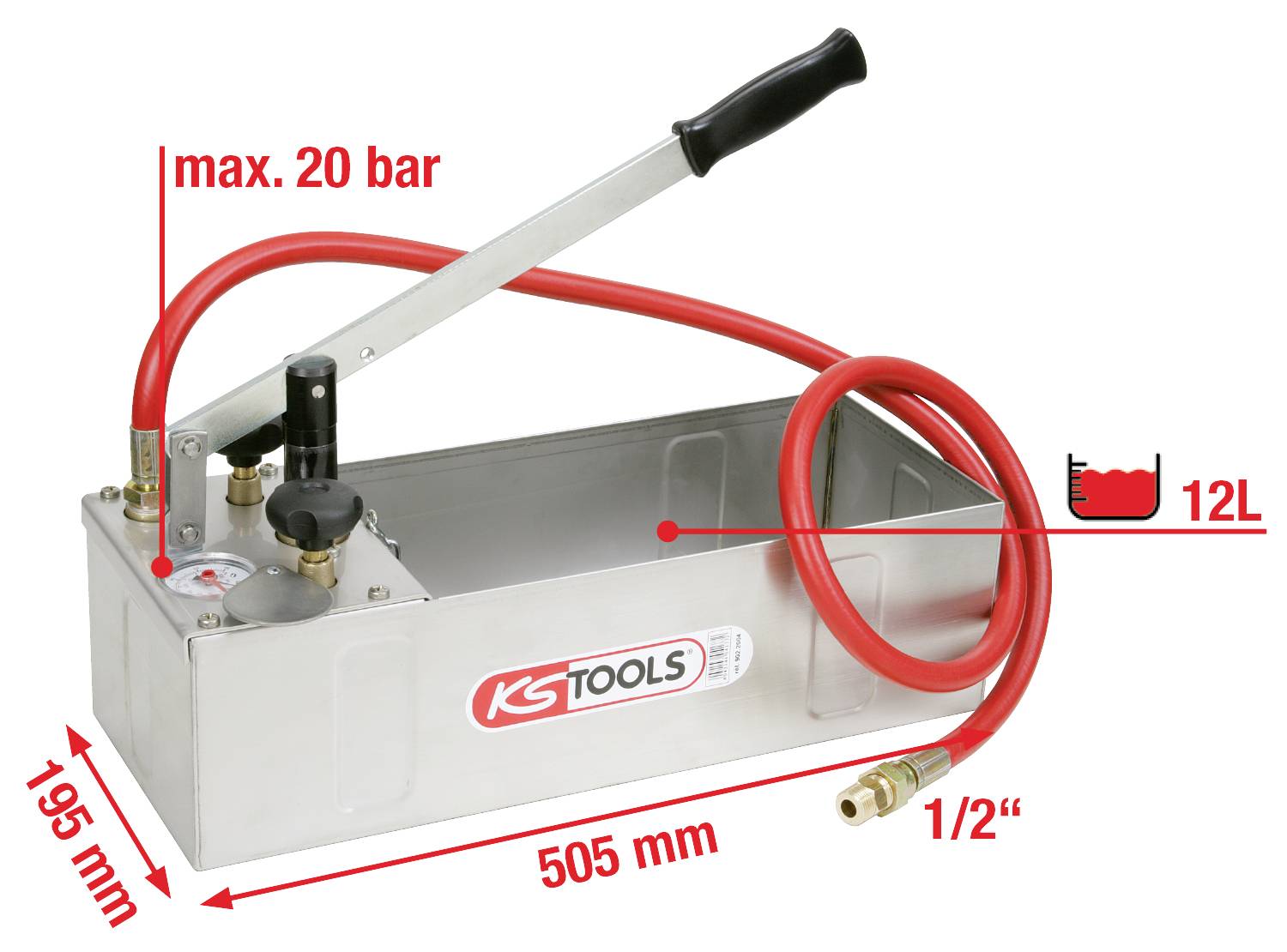 Pompe manuelle de test de pression avec tuyau rouge. Boîtier en acier inoxydable, capacité 12 L, pression maximale 20 bars, longueur 505 mm, hauteur 195 mm.