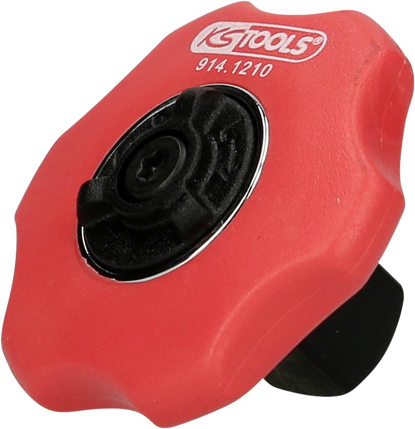 Poignée rouge avec vis noire au centre, numéro de produit '914.1210', marque 'KS Tools', utilisée pour fixer ou ajuster.