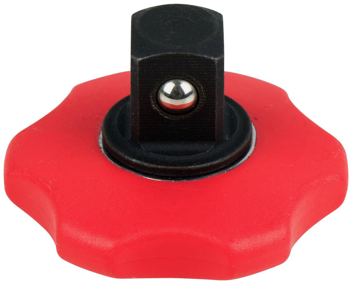 Poignée de rotation rouge avec articulation noire. Utilisée pour la manipulation ou le réglage de machines ou d'équipements.