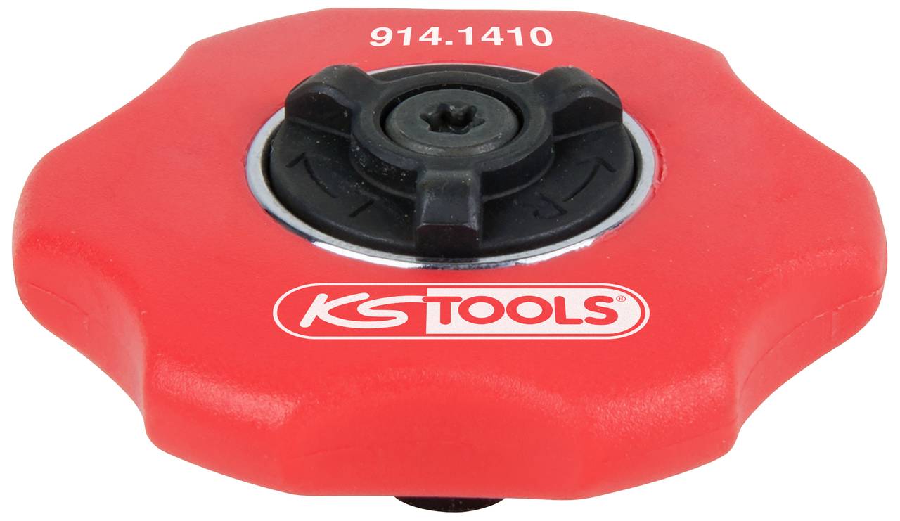 Poignée rouge, ronde avec une vis noire au centre. Marquage 'KS Tools' et '914.1410'.