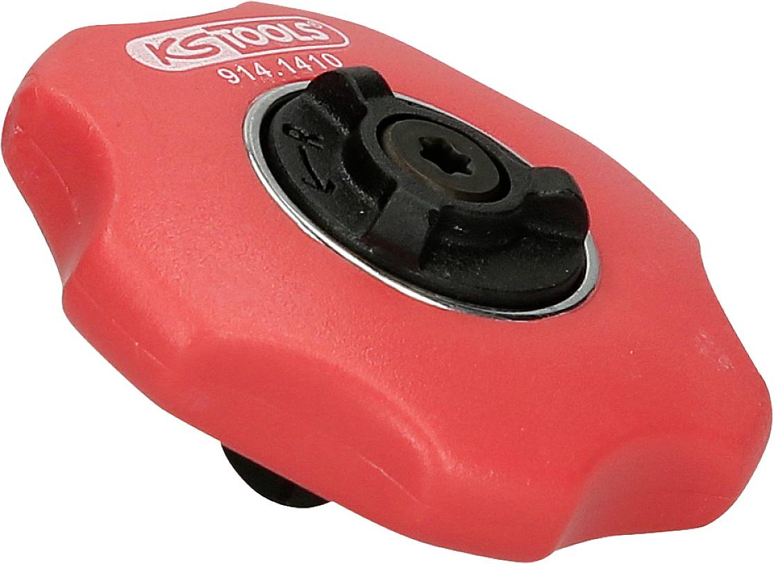 Bouton rotatif rouge avec des détails noirs, utilisé pour le réglage ou la fixation sur un outil.