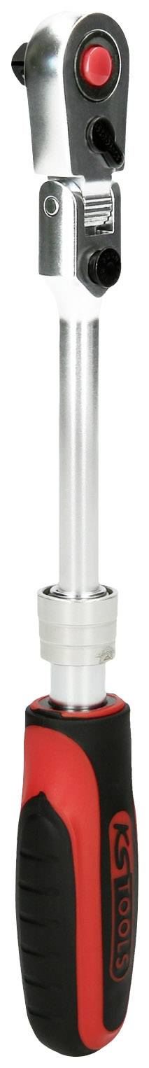 Clé à cliquet avec poignée noire et rouge, tête réglable en argent et mécanisme de rotation. Idéale pour des travaux précis.