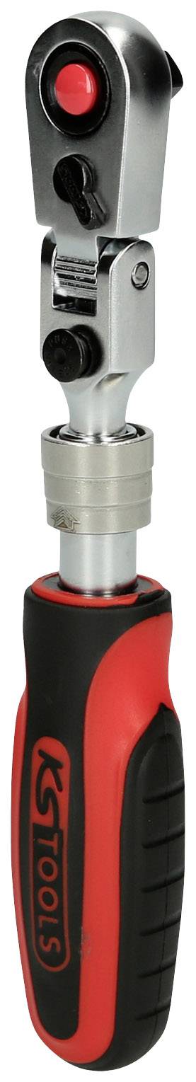 Clé à cliquet avec poignée rouge et noire, tête réglable et boutons noirs, adaptée à différentes connexions de vis.