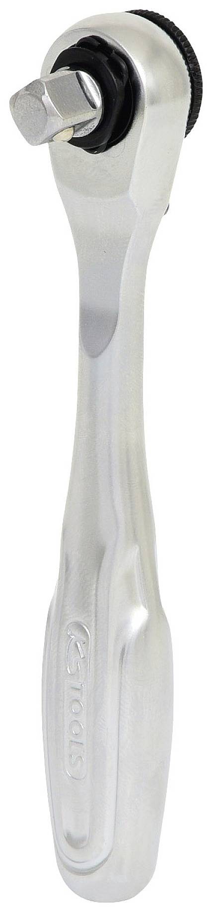 Cliquet en argent avec poignée ergonomique et carré d'entraînement ; utilisé pour serrer et desserrer des vis et des écrous.