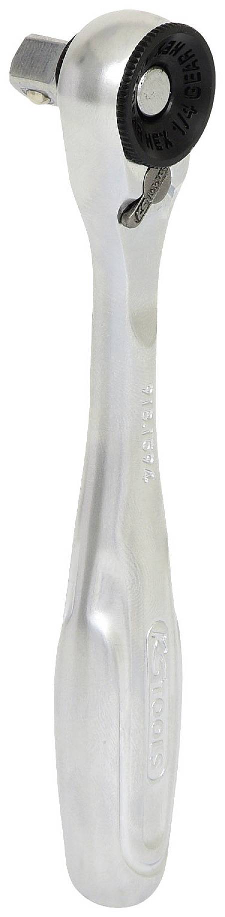 Clé à cliquet en argent avec mécanisme de rotation noir et poignée polie, adaptée à divers travaux de vissage.