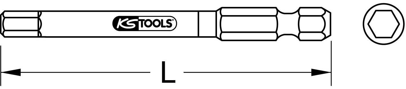 Dessin d'un tournevis six pans avec le logo KS Tools. Montre la vue latérale et la vue en bout avec une flèche indiquant la longueur 'L'.