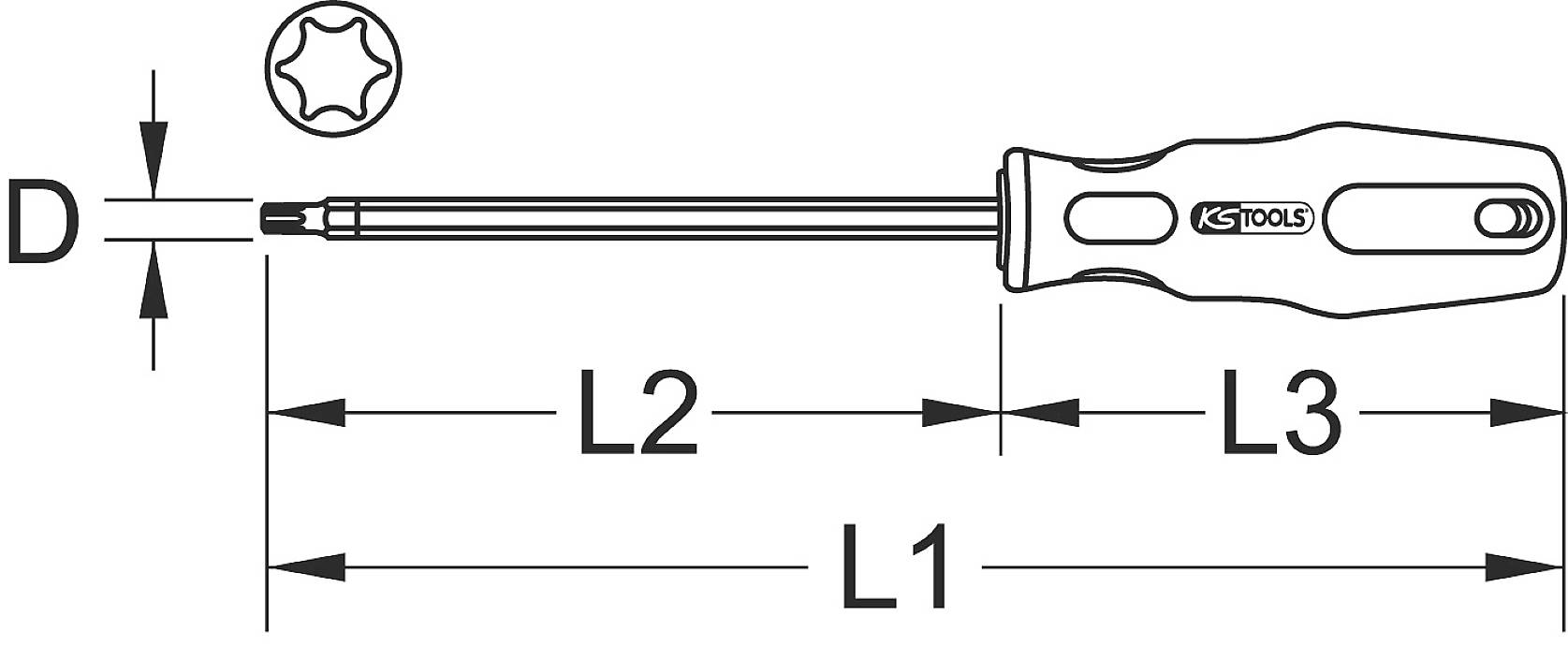 Illustration d'un tournevis avec dimensions. Longueur de la tige (L2), longueur du manche (L3), longueur totale (L1) et diamètre (D) indiqués.