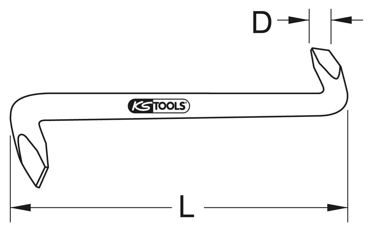 Un burin à double tranchant au design courbé, avec le logo 'KS Tools' au centre. Des marquages indiquent la longueur (L) et la largeur (D).