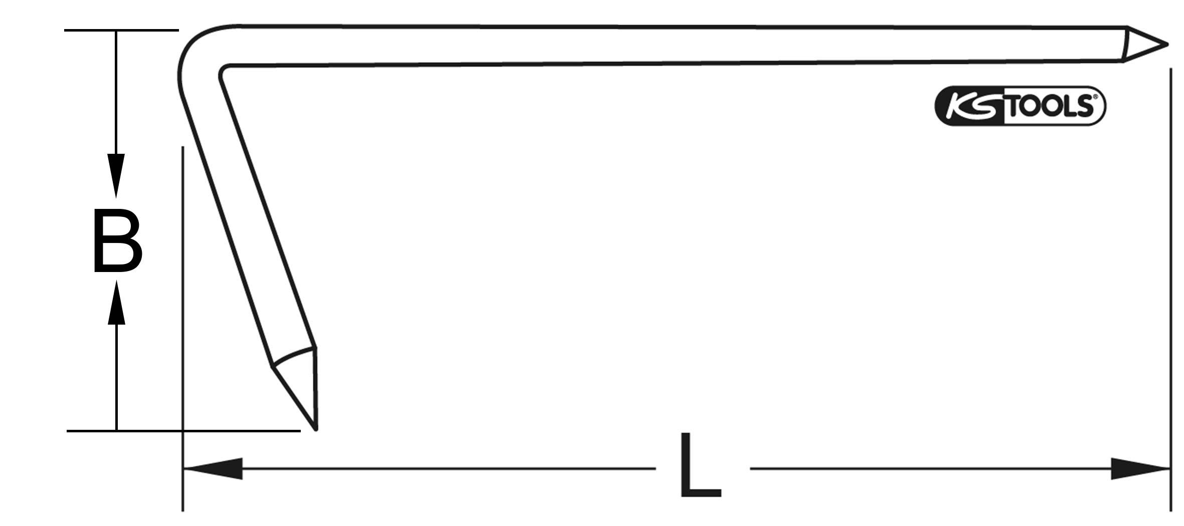 'Esquisse d'un stylo courbé avec les dimensions B et L. Logo de la marque en haut à droite.'