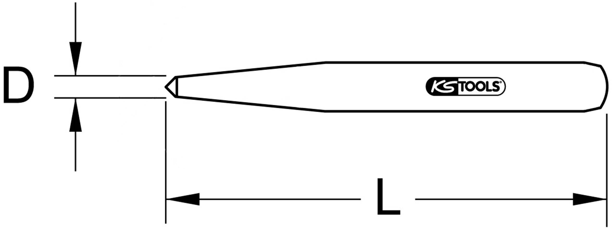 Dessin technique d'un poinçon avec le logo 'KS TOOLS', indiquant la longueur L et le diamètre D.