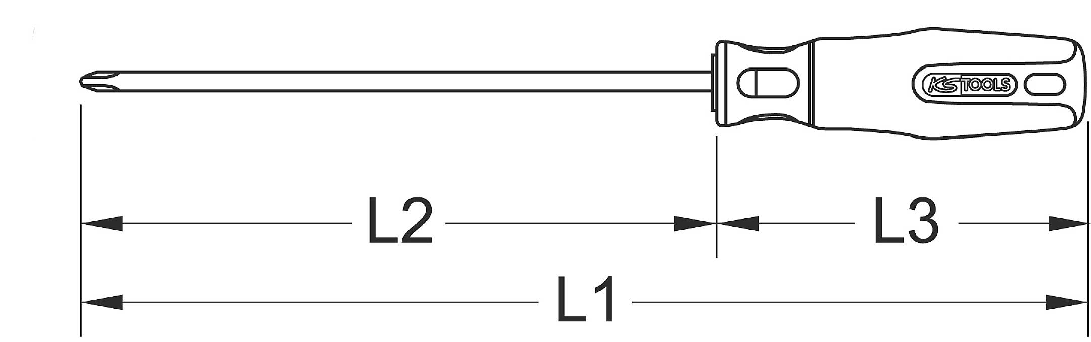 Schéma d'un tournevis avec indications de longueur : L1, L2, L3 de la pointe jusqu'à l'extrémité de la poignée. Montre les proportions de l'outil.