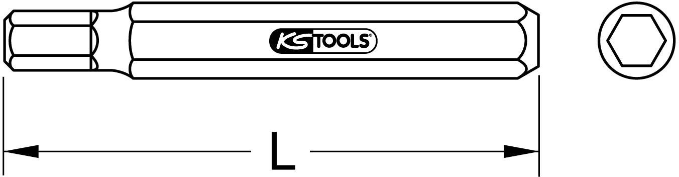 Diagramme d'un embout Torx de longueur L, marque KS Tools. Présente une forme hexagonale à une extrémité.