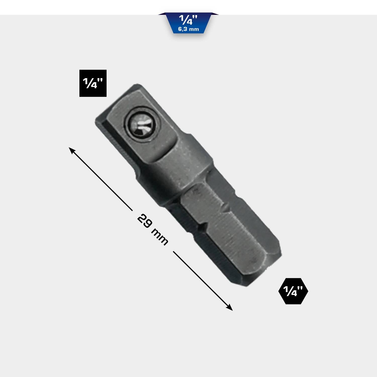 Adaptateur pour douille 1/4 de pouce, longueur 29 mm, en métal.