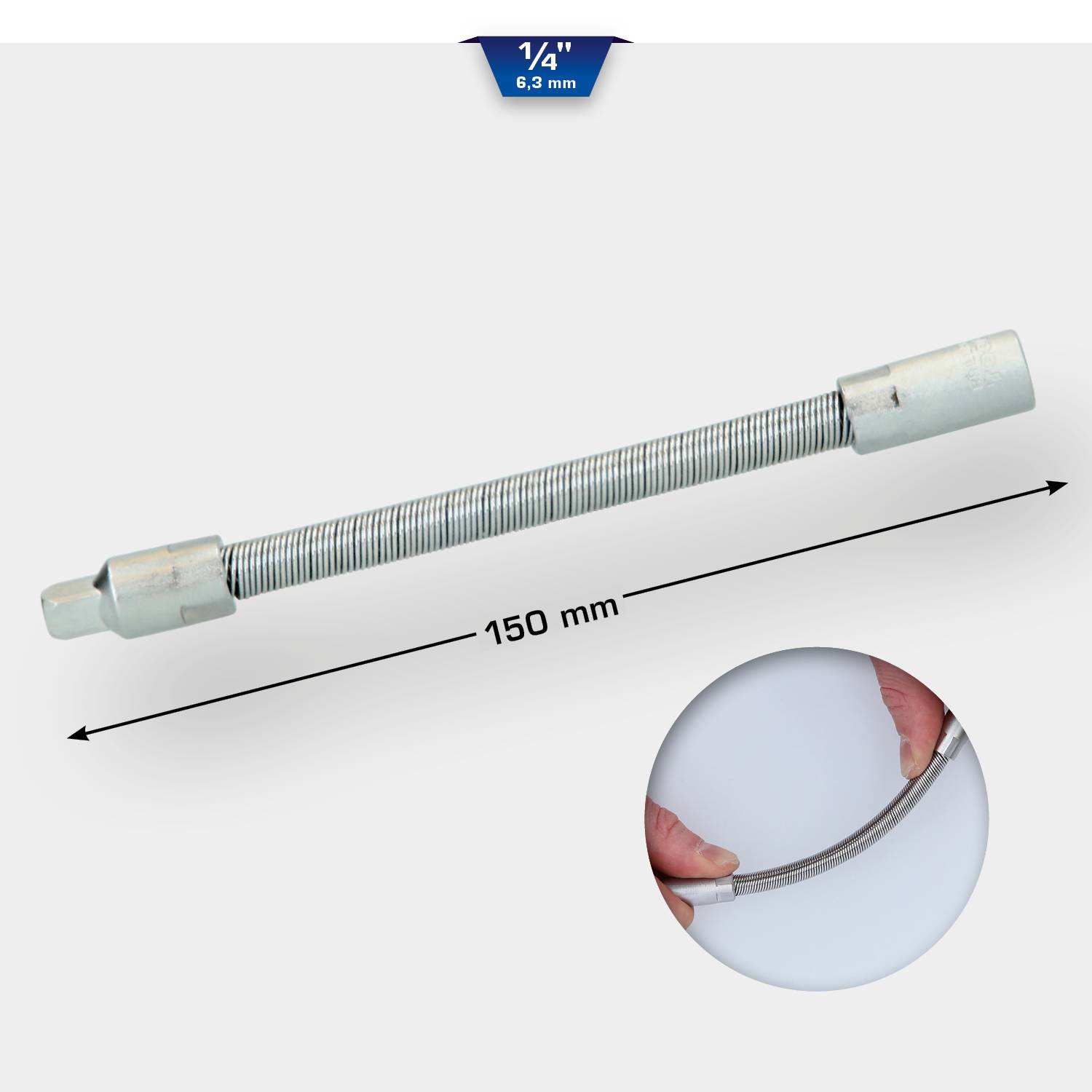 Un support d'extension flexible de 150 mm de long. Un petit cercle montre une main pliant la tige pour démontrer sa flexibilité.