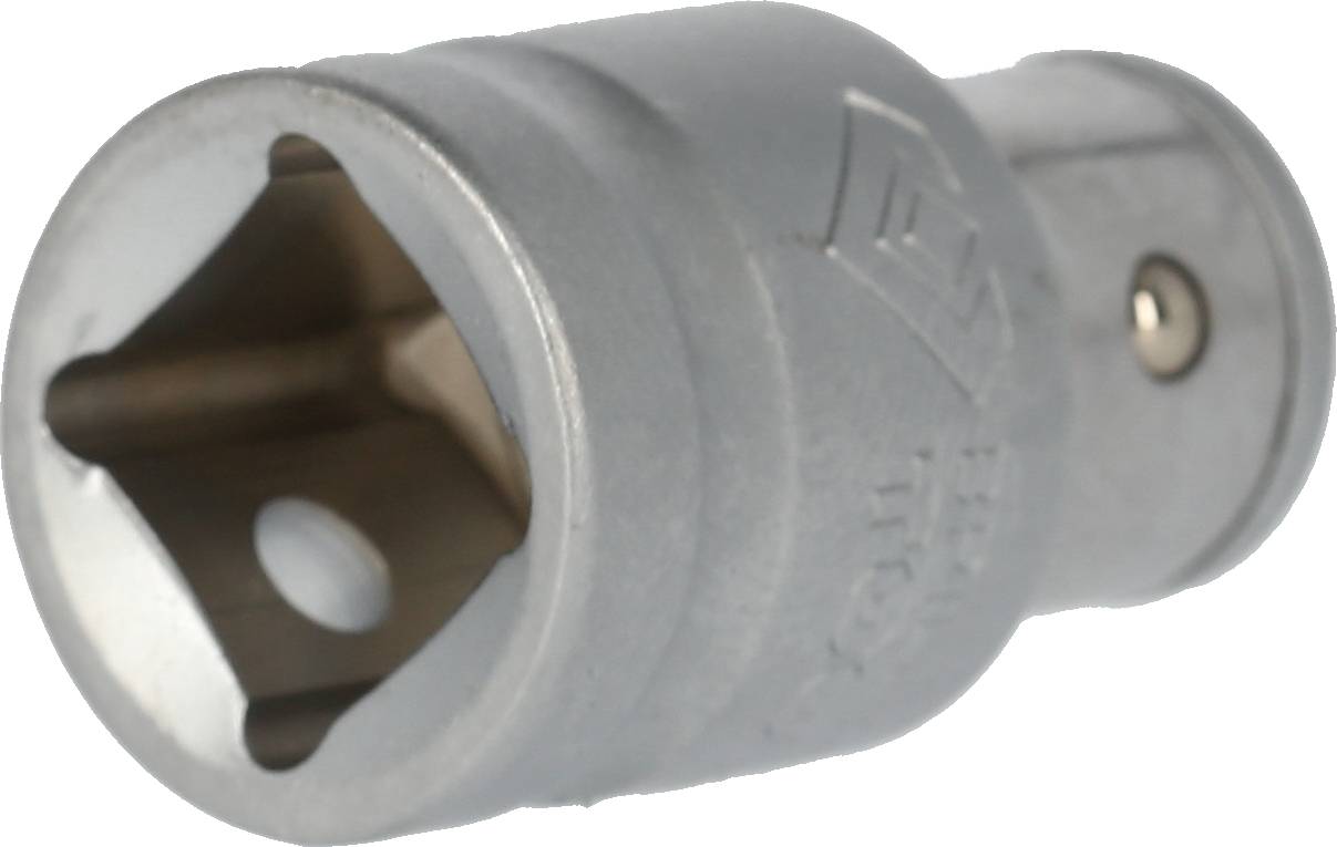 Un support de clé à cliquet en argent avec une ouverture carrée et une base ronde, adapté pour être fixé sur une poignée d'outil.