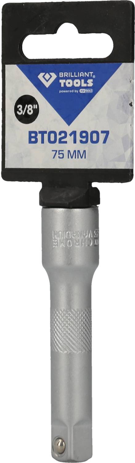 Un adaptateur de rallonge en argent de 75 mm pour clés à douille avec entraînement de 3/8 de pouce, marqué 'Brilliant Tools'.