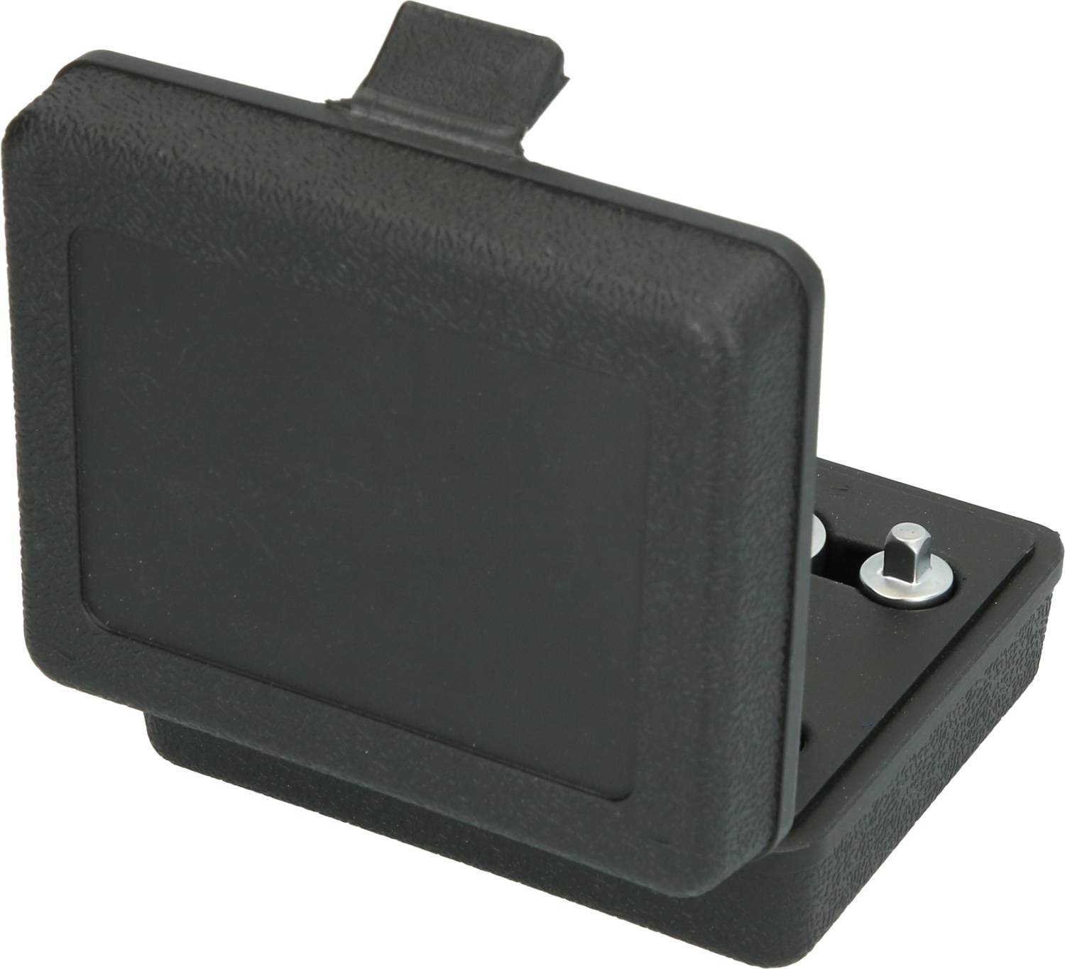 Couvercle noir rectangulaire de compartiment à batterie avec charnière ouverte, montrant l'espace prévu pour deux batteries dans un appareil électronique.