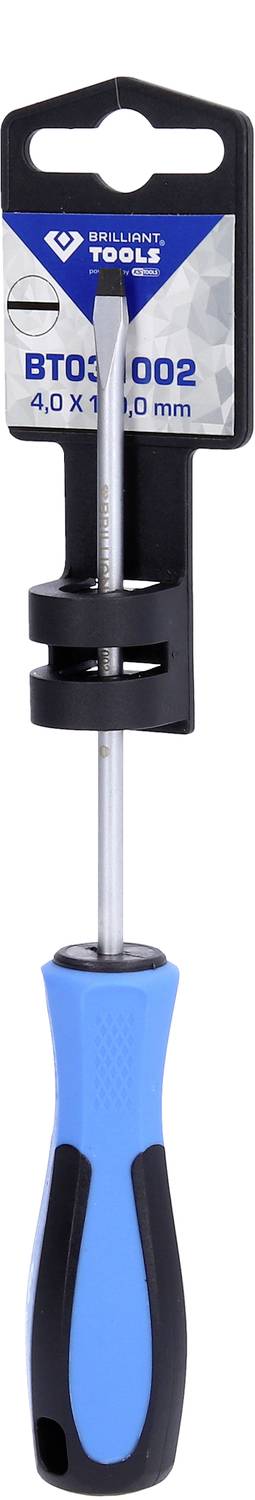 Tournevis à poignée bleu-noir, étiquette portant l'inscription 'BT03002 40x1,0 mm' fixée.