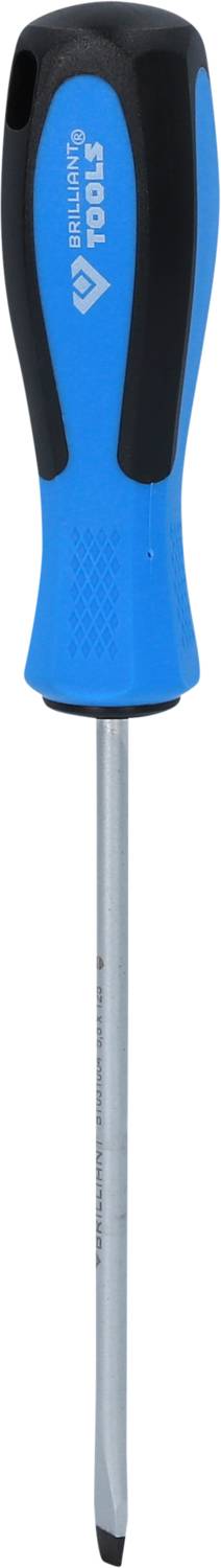 Tournevis bleu avec manche noir et pointe argentée, adapté pour les vis à fente. Marque et logo visibles sur le manche.