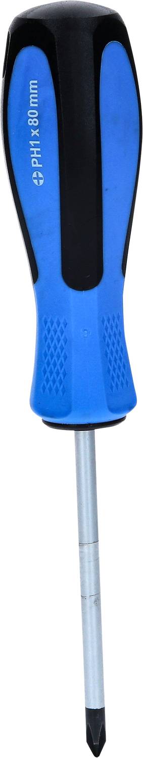 Un tournevis cruciforme bleu avec un manche noir et un embout argenté.