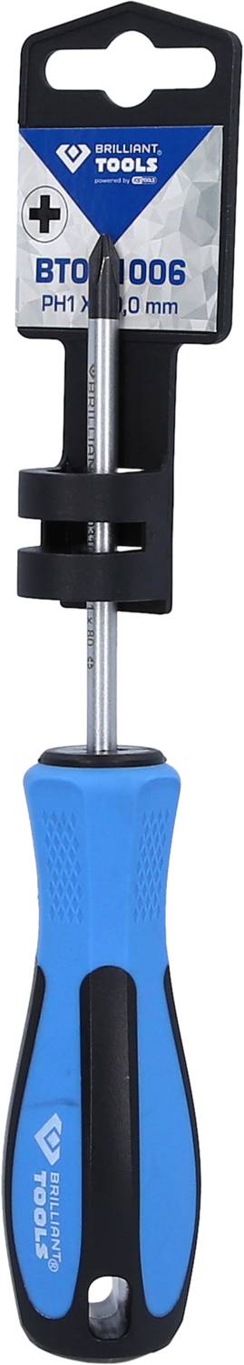 Un tournevis cruciforme avec manche bleu et noir. Sur l'emballage, il est inscrit 'BT 1006 PH1 x 80 mm'.