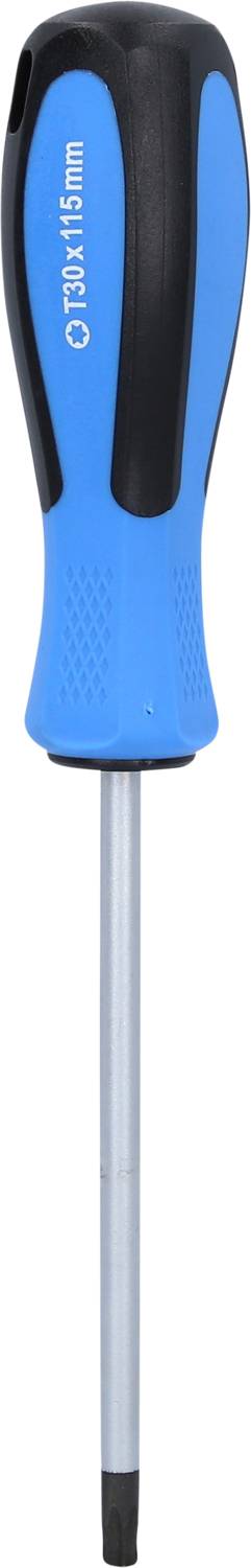 Tournevis cruciforme avec poignée ergonomique bleue et pointe noire, principalement utilisé pour des travaux de vissage généraux.