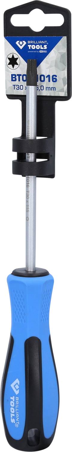 Tournevis bleu avec manche noir et pointe magnétique, présenté sur un support noir avec logo de marque.