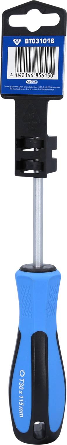 Tournevis bleu avec support de embout noir amovible et code-barres sur l'emballage en haut. Adapté pour différents types de têtes de vis.