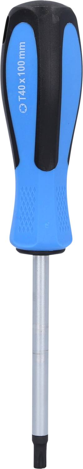 Tournevis bleu avec manche noir et lame argentée. Texte sur le manche : '7/12x100 mm'.
