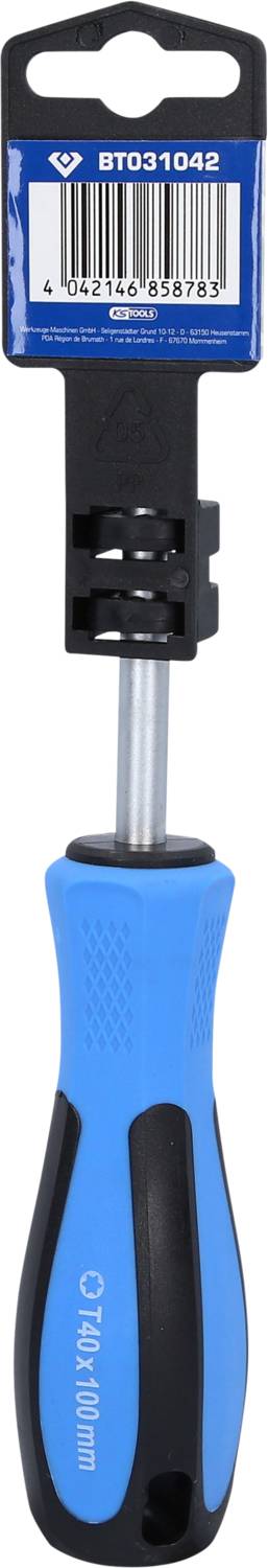 Un tournevis bleu avec une poignée noire, emballage de produit fixé au-dessus portant un code-barres et l'inscription 'BT031042'.