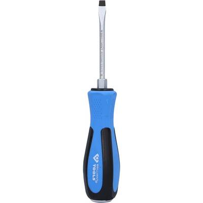 Un tournevis bleu avec un manche noir, la lame pointant vers le haut. Adapté pour serrer ou desserrer des vis.