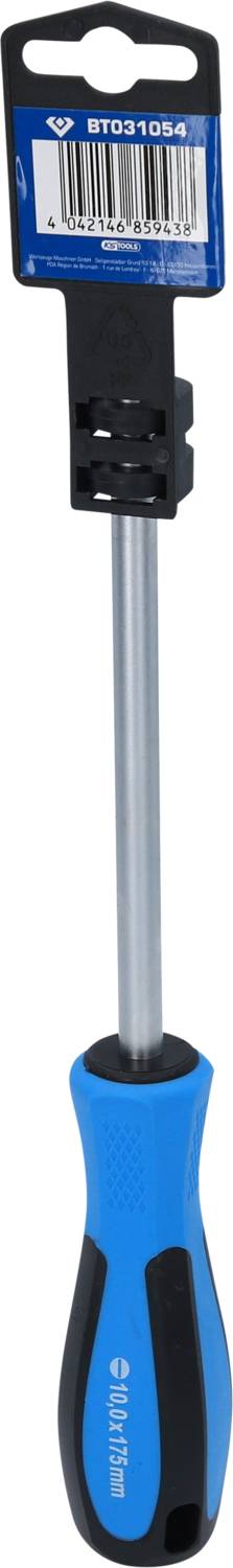 Un tournevis bleu à poignée ergonomique et support en plastique noir. Il est emballé et porte une étiquette de marchandise sur le dessus.