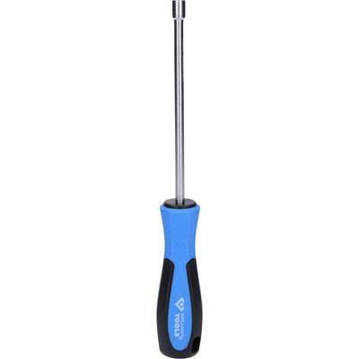 Un tournevis bleu à poignée ergonomique.