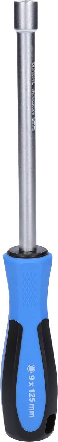 Un tournevis bleu avec un manche noir. Il possède une longue pointe métallique cylindrique et convient parfaitement aux vis à tête hexagonale.