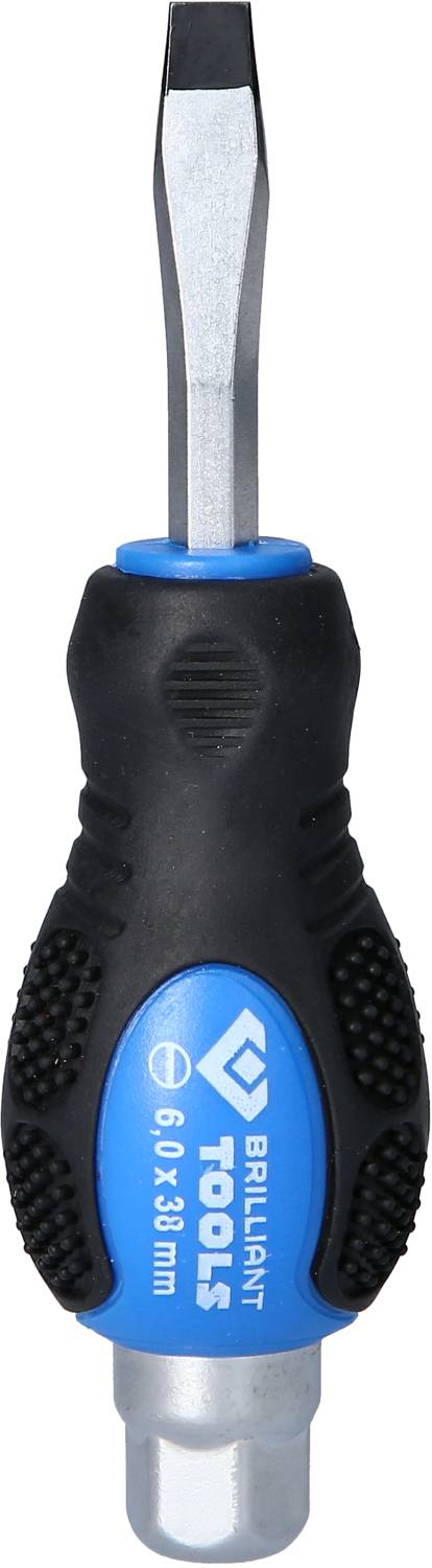 Un tournevis noir avec un manche bleu, à pointe plate et portant l'inscription 'Brilliant Tools'. Adapté pour les vis à fente.