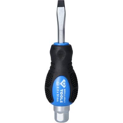 Un tournevis noir avec un manche bleu, à pointe plate et portant l'inscription 'Brilliant Tools'. Adapté pour les vis à fente.