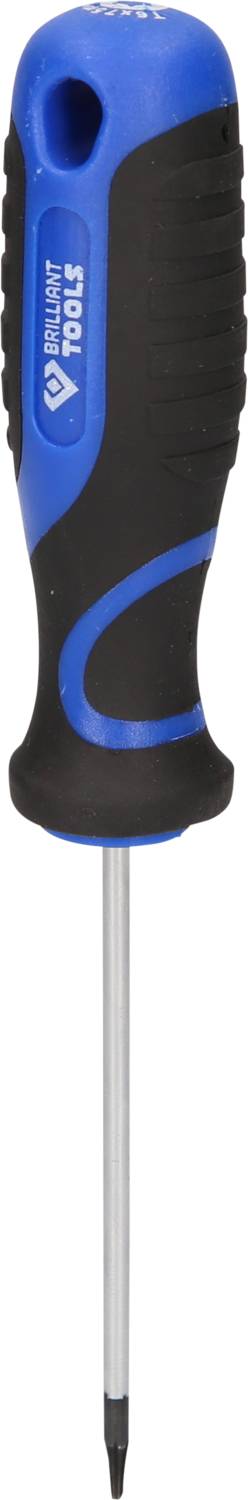 Un tournevis avec une poignée bleue et noire et une lame en métal argenté.