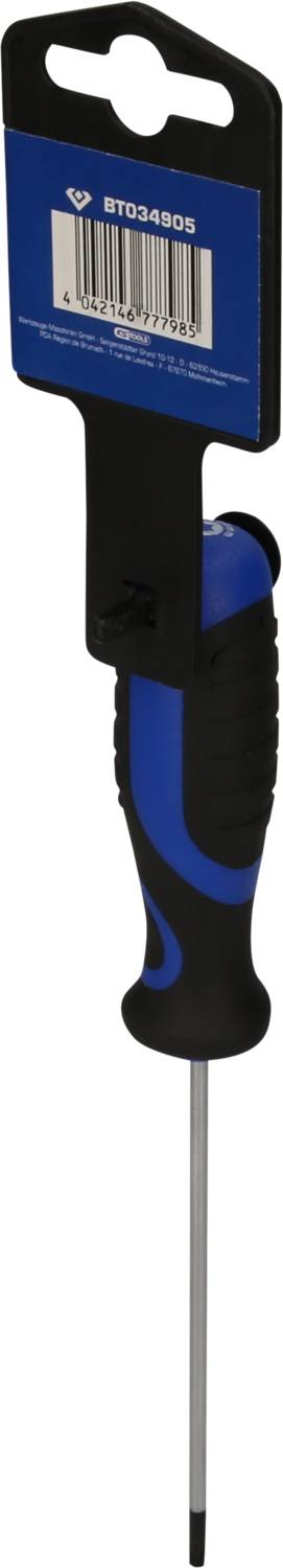 Tournevis bleu avec manche noir et étiquette de code-barres à l'extrémité de la poignée. Outil polyvalent pour travaux de vissage.