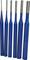 Six tampons métalliques bleus de différentes tailles, avec des pointes argentées, alignés verticalement côte à côte.