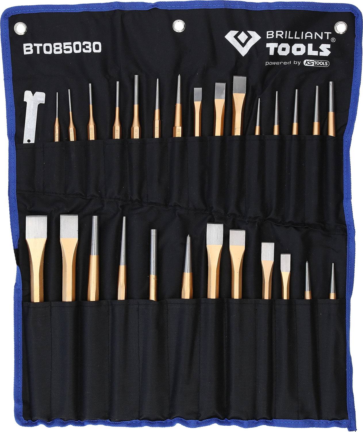 "Trousse à outils contenant vingt ciseaux à bois en or et en argent de différentes tailles, marqués "BT085030" et portant le logo "BRILLIANT TOOLS"."