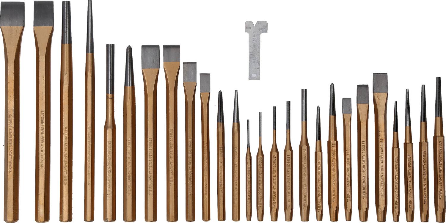 Ensemble d'outils de frappe à différentes tailles, allant des outils à souche aux outils à grains, avec un outil argenté placé au centre en haut.