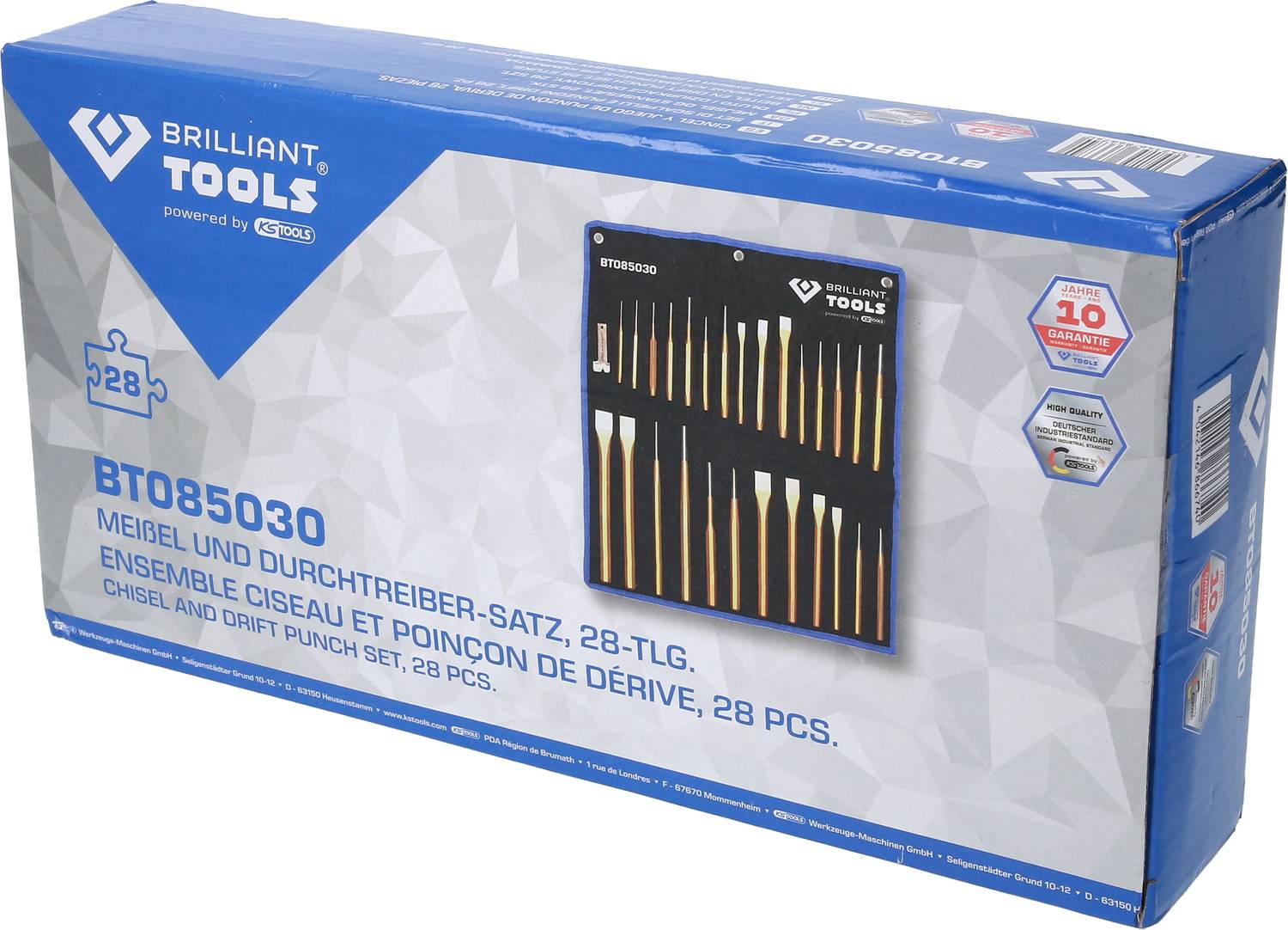 Un emballage bleu pour un ensemble de 28 burins et chasse-goupilles de la marque Brilliant Tools. Image du produit et étiquette visibles.