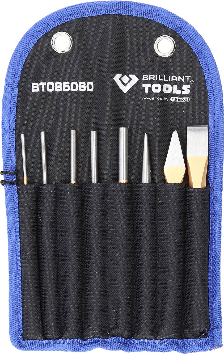 Ensemble d'outils dans un sac bleu comprenant six burins et poinçons différents. Nom de marque 'Brilliant Tools' en haut à droite.