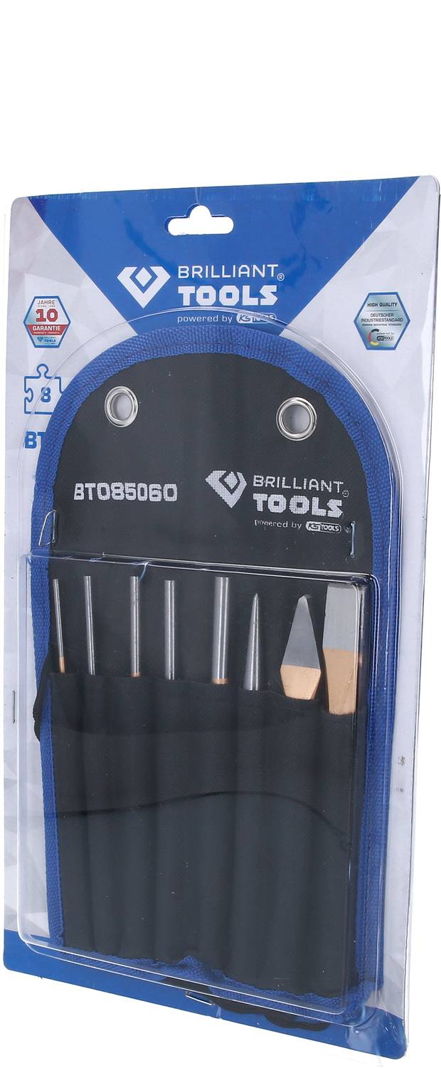Emballage contenant un ensemble de huit outils manuels de la marque 'Brilliant Tools', modèle BT085060. Comprend divers ciseaux et outils.