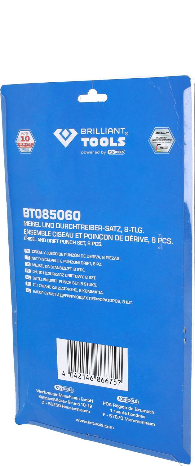 Carton bleu de la marque Brilliant Tools portant l'inscription 'Ensemble de burins et de chasse-goupilles, 8 pièces'. L'emballage contient un code-barres.