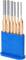 Un ensemble de six ancres de stylo dorées de différentes tailles est logé dans un support bleu.