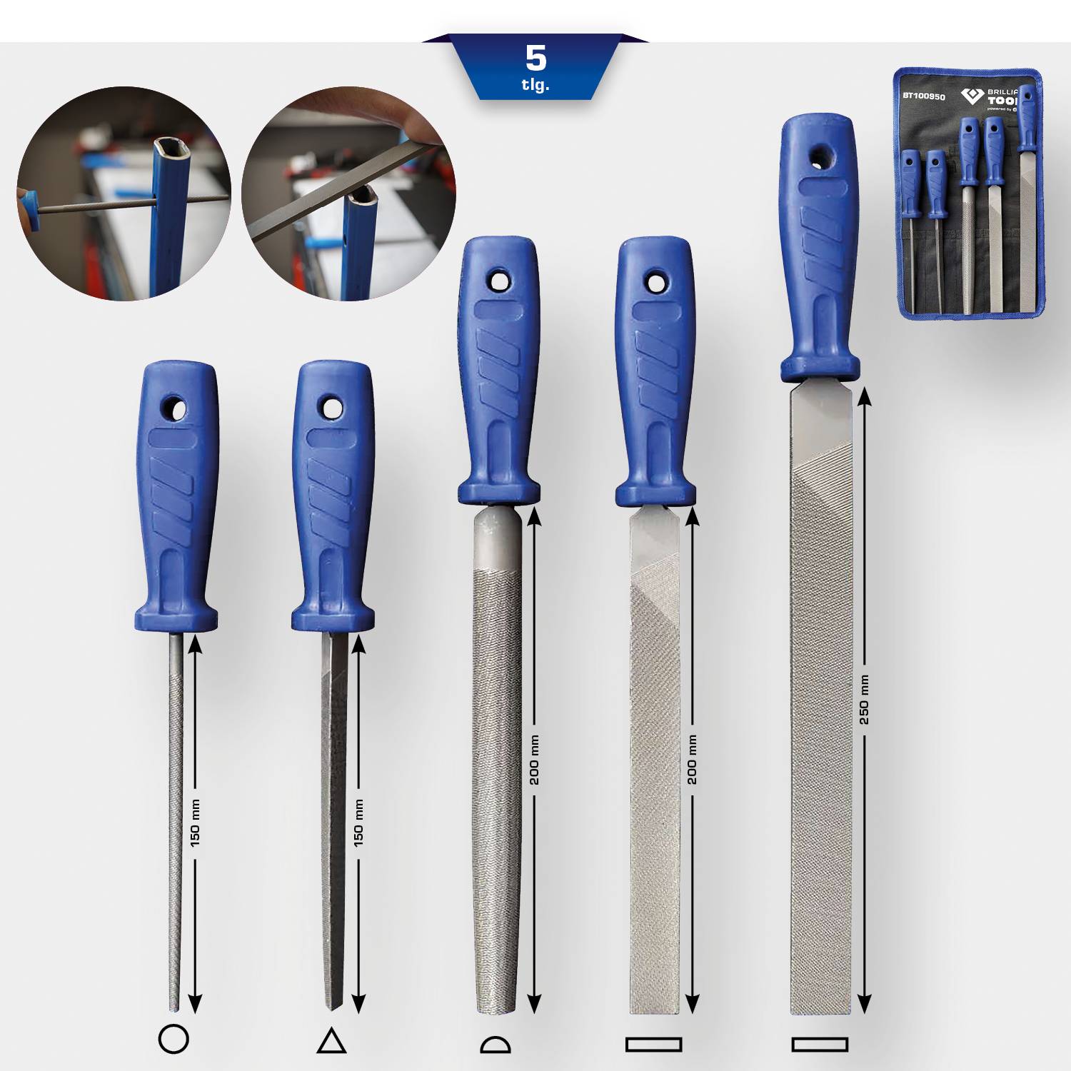 Coffret de cinq limes à main, différentes formes et longueurs, manche en plastique bleu, avec indications de mesures. Présentées : lime ronde, demi-ronde, plate, triangulaire.