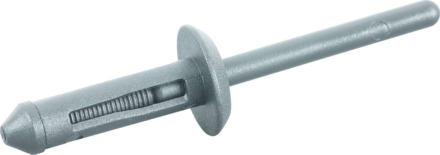 Un rivet aveugle gris unique sur fond blanc, composé d'un axe et d'un cylindre, servant à assembler des matériaux.